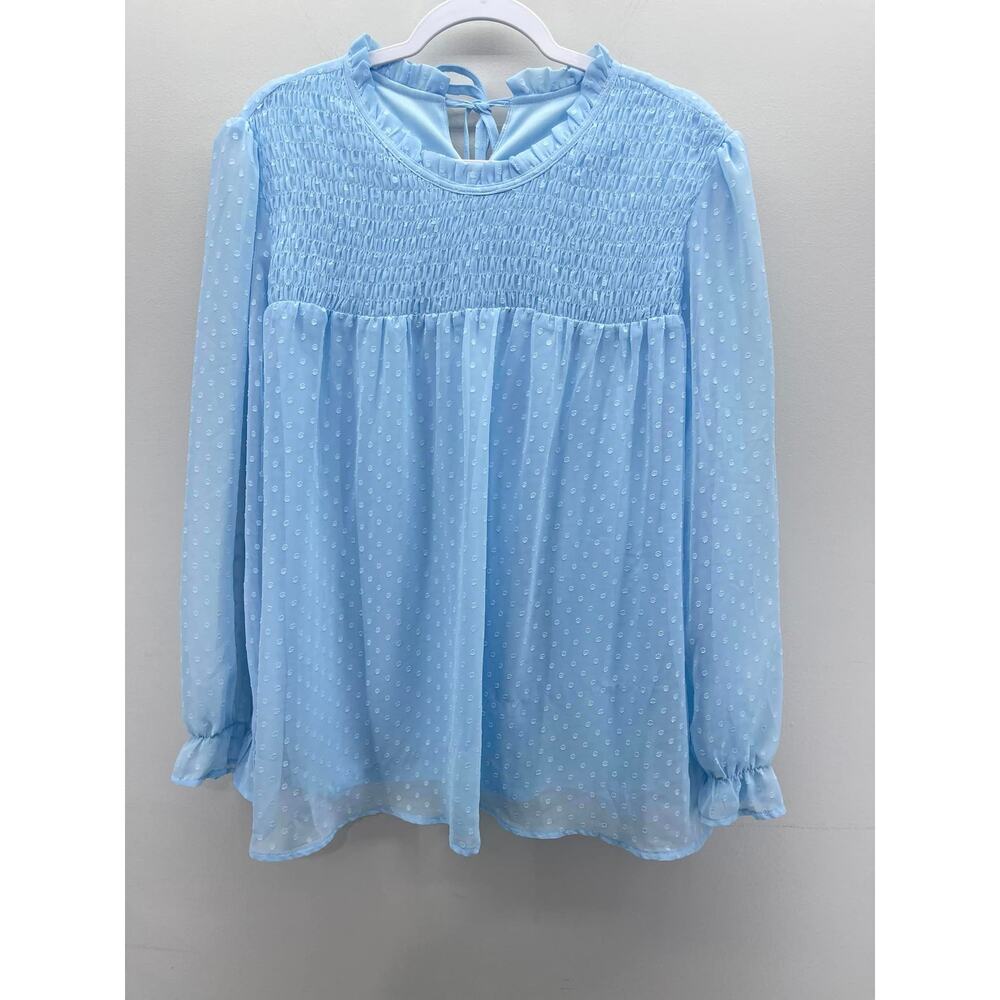 Light Blue Swiss Dot Mock Neck‎ Long Sleeve Blouse